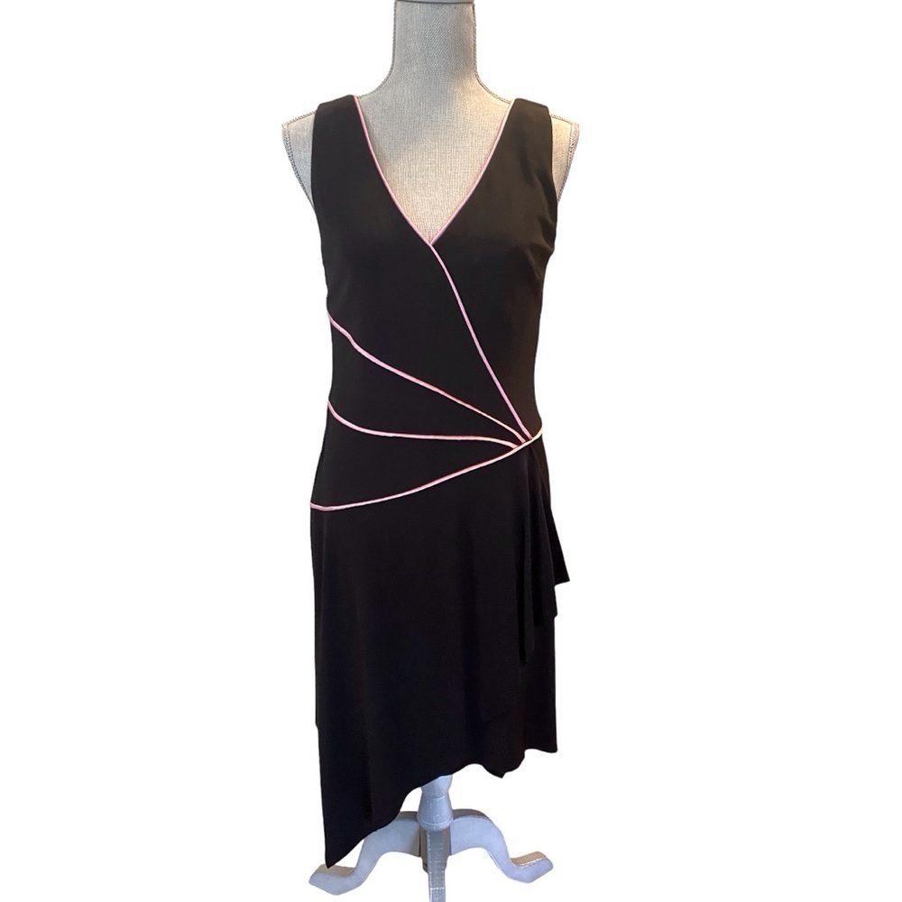 Kay Unger Asymmetrical Dress, Petite Size 12 Black with Pink piping-0689